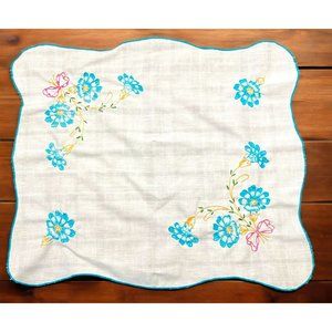 Linen Blue Flower Bouquet Placemat Vtg Hand Embroidered Flowers Mini Tablecloth